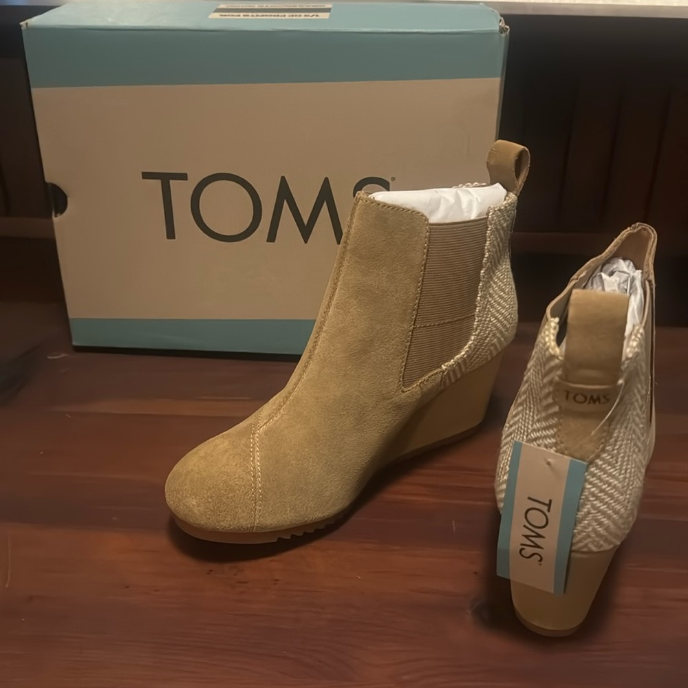 Tom’s Toffee Suede Herringbone Wedge Booties